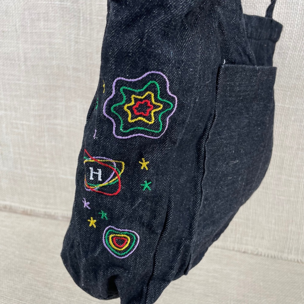 Groovy Trippy Heart Black Denim Embroidered‎ Tote Bag Take A Trip With Me Retro - Picture 4 of 10